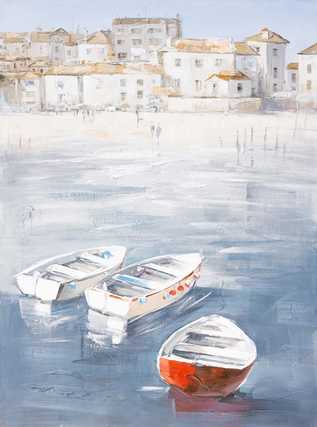 PXYW607 Wall décor art oil on canvas seascape boats on water blue white orange tones
